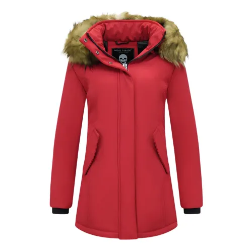 Matogla , Parka Women - Genuine Fur Collar - Slim Fit ,Red female, Sizes: