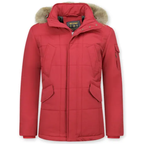 Matogla , Windproof Coat - Small Fur Collar Parka Men - 5192R ,Red male, Sizes: