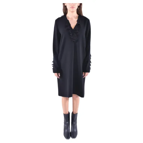 Max Mara Studio , Enziana Crepe Dress with Ruffled Front, Short Sleeves ,Black female, Sizes: