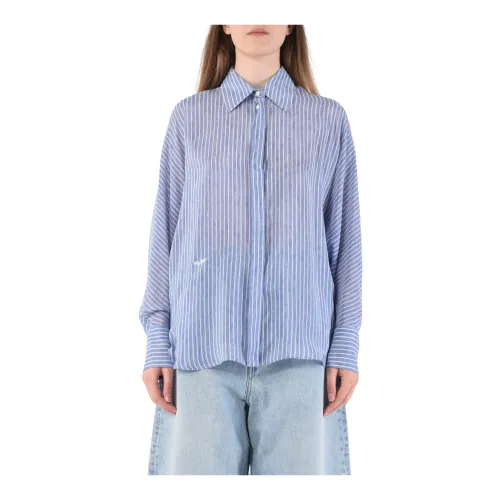 Max Mara Studio , Silk Printed Shirt with Shirt Collar ,Blue female, Sizes: