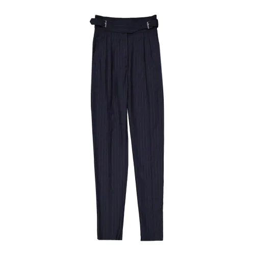 Max Mara Studio , Wool Pants with Belted Side Pockets ,Blue female, Sizes: