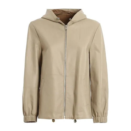 Max Mara Weekend , Beige Leather Jacket with Hood ,Beige female, Sizes: