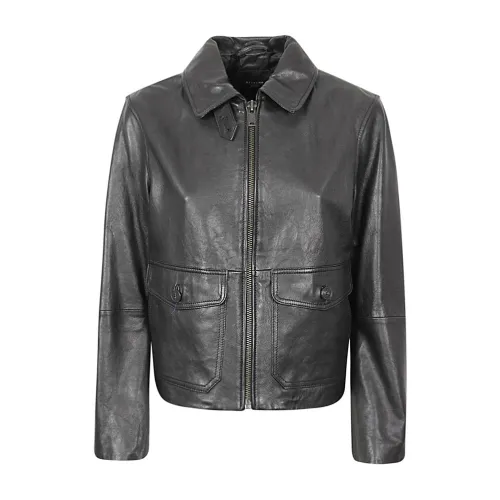 Max Mara Weekend , Black Leather Zip Jacket ,Black female, Sizes:
