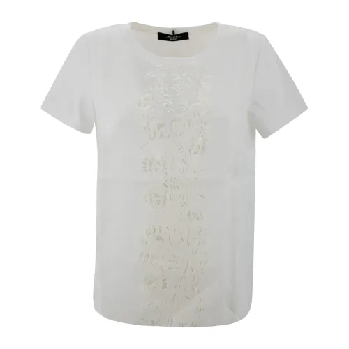 Max Mara Weekend , Embroidered Linen T-shirt with Jersey Insert ,White female, Sizes: