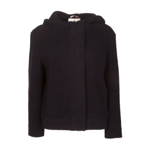 Max Mara , Wool and Teddy Fabric Coat with Hood and Hidden Zipper ,Blue female, Sizes: