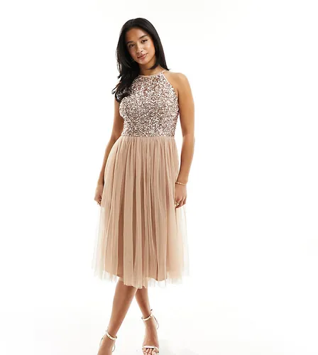 Maya Petite Bridesmaid halter neck midi tulle dress with tonal delicate sequins in muted blush-Neutral