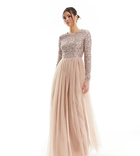 Maya Tall Bridesmaid long sleeve maxi tulle dress with tonal delicate sequin in muted blush-Neutral