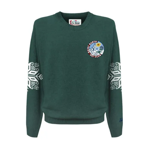 MC2 Saint Barth , Green Sweater with Logo Patch and Print ,Green male, Sizes: