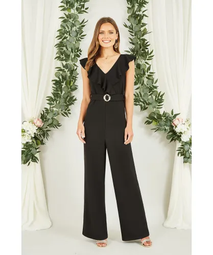 Mela London Womens Black Jumpsuit With Gold Buckle and Frill Detail