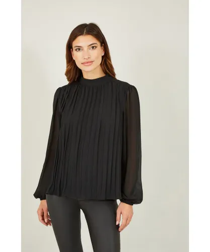 Mela London Womens Black Pleated Long Sleeve Top With High Neck