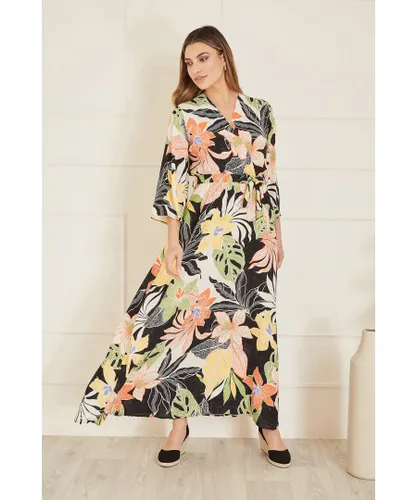 Mela London Womens Black Tropical Print Wrap Midi Dress - Floral Viscose