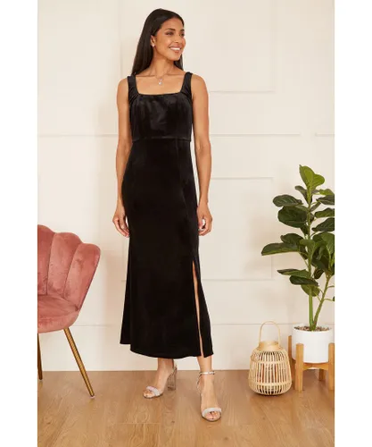 Mela London Womens Black Velvet Fitted Midi Dress