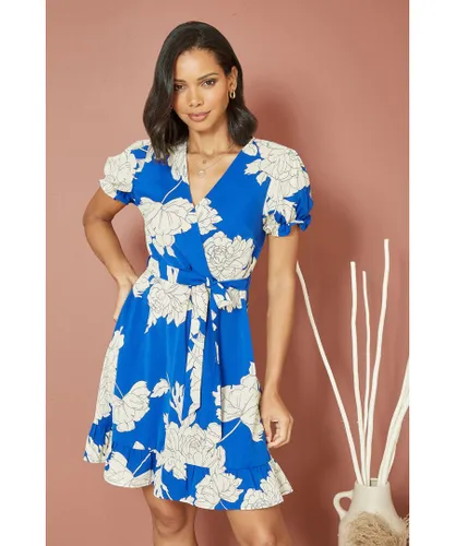 Mela London Womens Blue Blossom Print Wrap Dress With Puff Sleeves