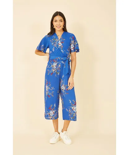 Mela London Womens Blue Floral Print Jumpsuit With Angel Sleeves
