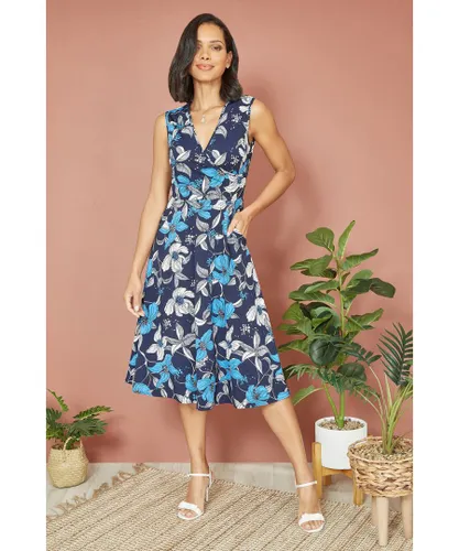 Mela London Womens Blue Floral Print Stretch Wrap Over Midi Dress With Pockets - Navy