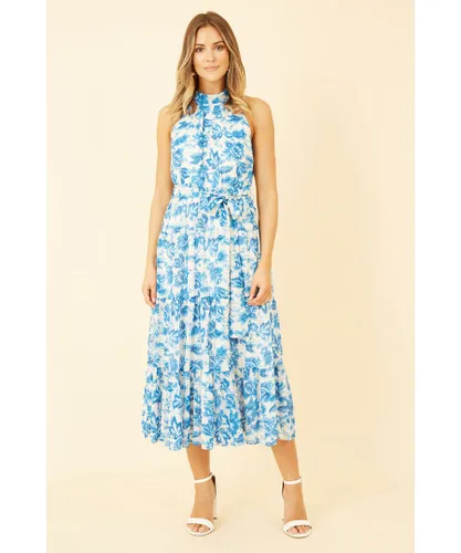 Mela London Womens Blue Leaf Print Halter Neck Midi Dress