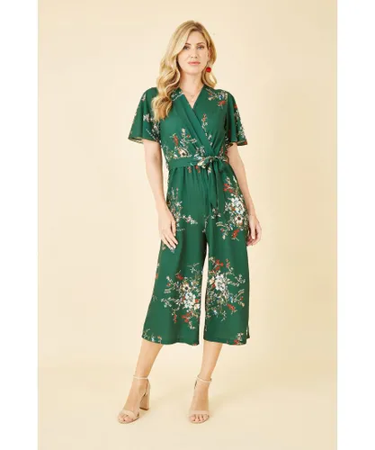 Mela London Womens Green Floral Print Jumpsuit With Angel Sleeves