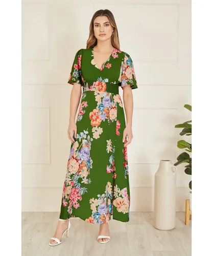 Mela London Womens Green Floral Ruched Waist Maxi Dress With Split Hemline