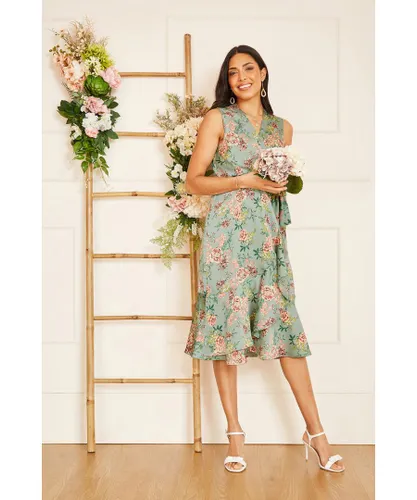 Mela London Womens Green Floral Satin Wrap Dress