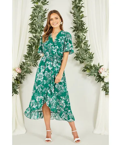Mela London Womens Green Floral Wrap Midi Dress With Frill Detail