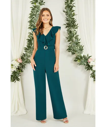 Mela London Womens Green Jumpsuit With Gold Buckle and Frill Detail