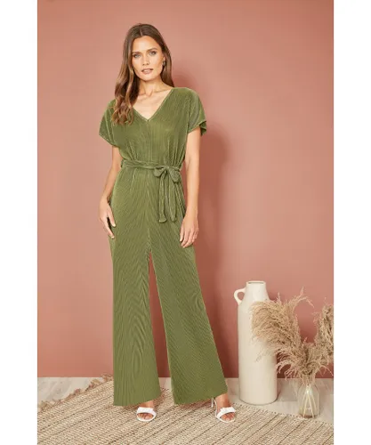 Mela London Womens Green Pleated Jumpsuit With V Neck