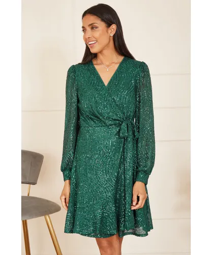 Mela London Womens Green Sequin Long Sleeve Frill Wrap Dress
