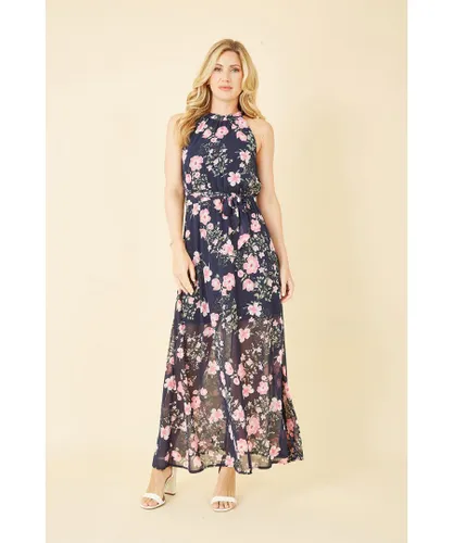 Mela London Womens Navy Floral Print Halter Neck Maxi Dress