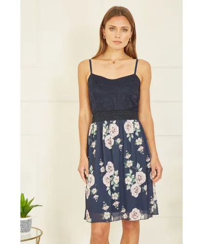 Mela London Womens Navy Lace Bodice Strappy Dress With Rose Print Skirt