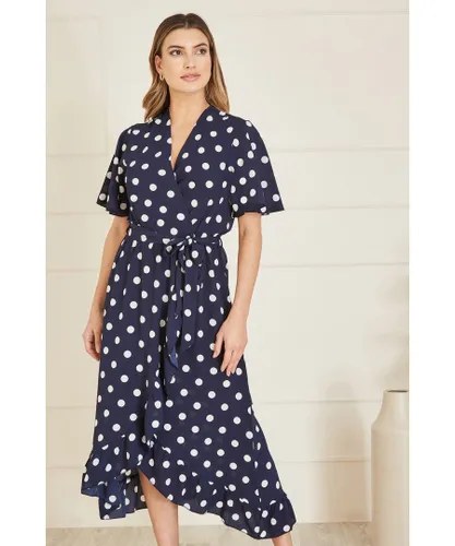 Mela London Womens Navy Spot Print Wrap Midi Dress With Frill Detail