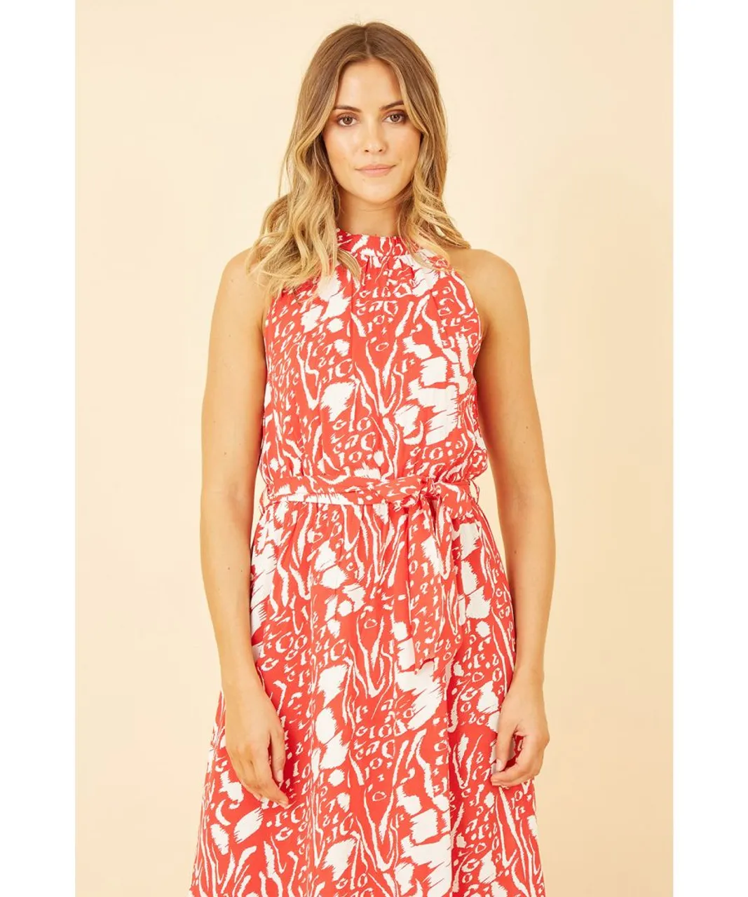 Mela London Womens Red Animal Print Halter Neck Maxi Dress