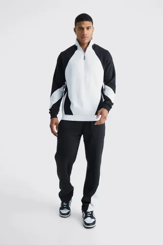 Men's 1/4 Zip Funnel Neck Colour Block Sweatshirt Tracksuit - Black - S, Black