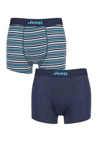 Mens 2 Pack Jeep Plain and Fine Striped Fitted Bamboo Trunks Navy / Turquoise Small