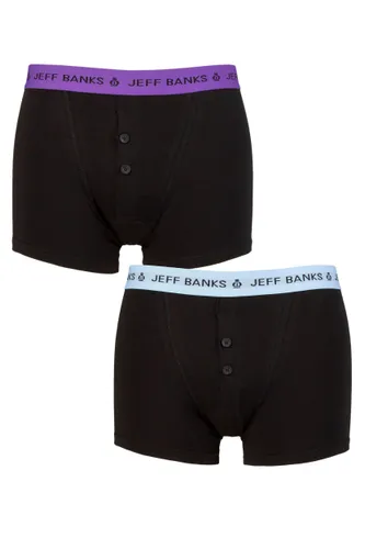 Mens 2 Pack Jeff Banks Plymouth Button Cotton Boxer Shorts Black Blue / Purple S