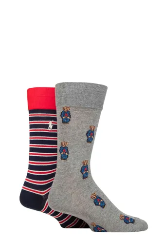 Mens 2 Pair Ralph Lauren Cotton Bear Socks Grey Bear / Stripe OS