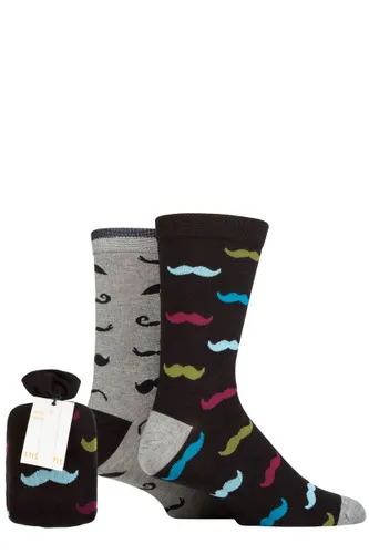 Mens 2 Pair Thought Clayton Moustache Bamboo Gift Bagged Socks Multi 7-11 Mens