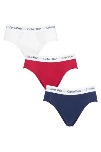 Mens 3 Pack Calvin Klein Cotton Stretch Hip Briefs White / Red Ginger / Pyro Blue Extra Small