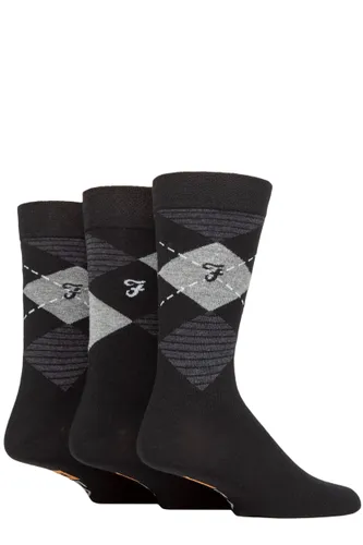 Mens 3 Pair Farah Argyle, Patterned and Striped Cotton Socks Black / Charcoal Argyle 6-11 Mens