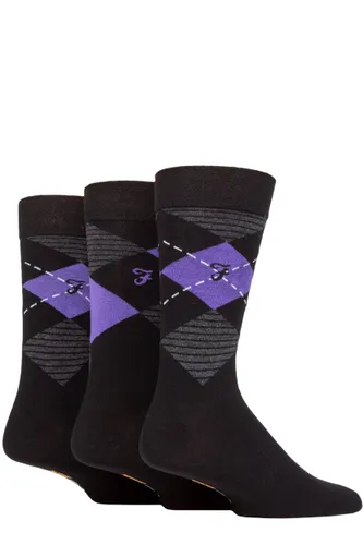 Mens 3 Pair Farah Argyle, Patterned and Striped Cotton Socks Black / Purple Argyle 6-11 Mens