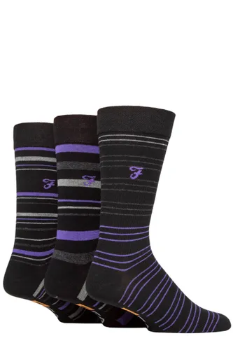 Mens 3 Pair Farah Argyle, Patterned and Striped Cotton Socks Black / Purple Stripe 6-11 Mens