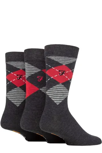 Mens 3 Pair Farah Argyle, Patterned and Striped Cotton Socks Charcoal / Berry Argyle 6-11 Mens