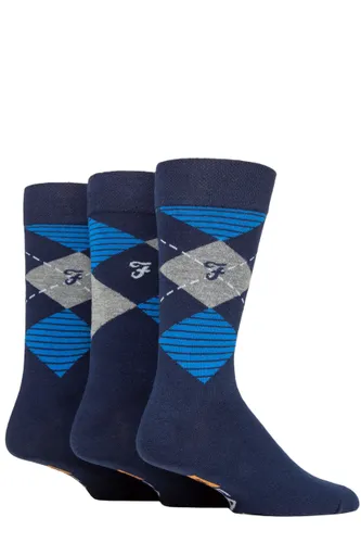 Mens 3 Pair Farah Argyle, Patterned and Striped Cotton Socks Navy / Blue Argyle 6-11 Mens