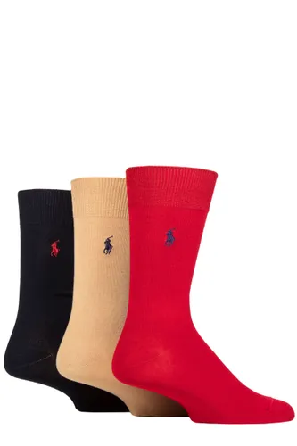 Mens 3 Pair Ralph Lauren Mercerized Cotton Flat Knit Plain Socks Red / Camel / Navy Â 5-8 Mens