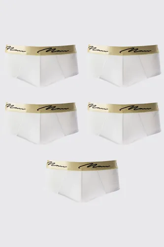 Men's 5 Pack Man Signature Gold Waistband Briefs In White - S, White