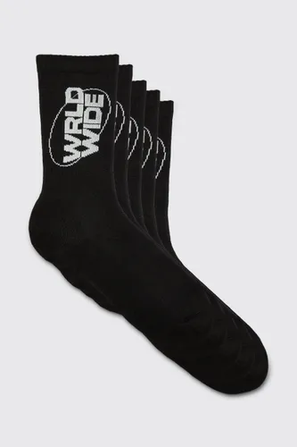 Men's 5 Pack Worldwide Logo Sports Socks - Black - One Size, Black