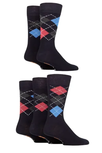Mens 5 Pair Farah Argyle, Patterned and Striped Bamboo Socks Navy / Blue / Berry Argyle 6-11 Mens