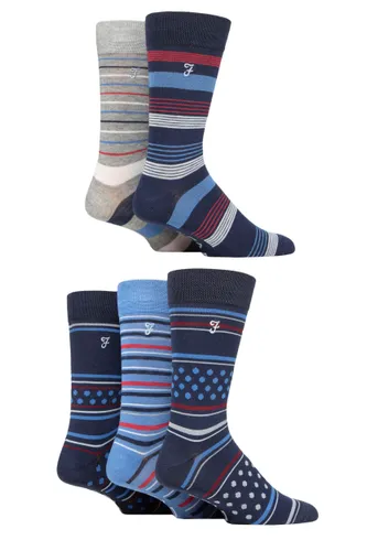 Mens 5 Pair Farah Plain, Striped and Patterned Everyday Bamboo Socks Stripe and Dots Navy / Blue 6-11 Mens