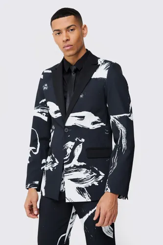 Men's Abstract Printed Slim Fit Blazer - Black - 34, Black
