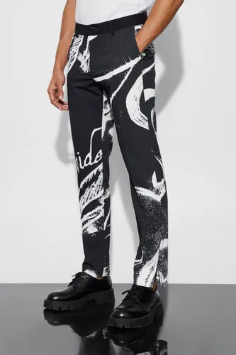 Men's Abstract Printed Split Hem Straight Fit Suit Trousers - Black - 28, Black