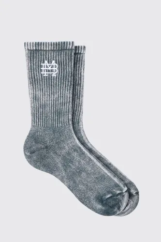 Men's Acid Wash Bm Embroidered Socks In Charcoal - Grey - One Size, Grey